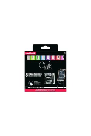 BLISTER CON 8 ROTULADORES EFECTO TIZA MODELO PWE 5M COLORES BLANCO, AMARILLO, VERDE, AZUL, ROSA, NARANJA, ROJO Y VIOLETA UNIBALL Stock Limitado