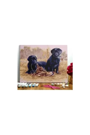 Descuento LIENZO PINTAR POR NUMEROS CON BASTIDOR 40X50CM CACHORROS JUEGAN CON ZAPATO