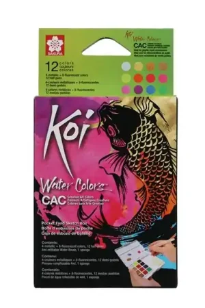 ACUARELA KOI SAKURA, CAJA 12 COLORES METALICOS + FLUOR + PINCEL AGUA Directo De Fábrica
