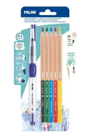 PINCEL CON DEPÓSITO DE AGUA MILAN "M" + 5 LÁPICES ACUARELABLES Profesional
