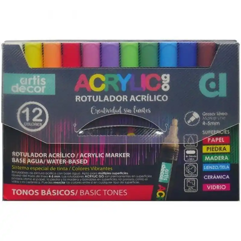 Set de 12 Rotuladores Acrylic Go 4-5 mm. Tonos Básicos Premium