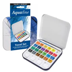 Caja metálica acuarelas de viaje Daler Rowney Aquafine, 24 1/2 medios godets + pincel Nueva Colección