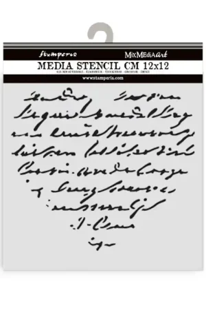 Promoción Stamperia Family . Stencil Mix Media Art 12 x 12 cm. Heart With Writing