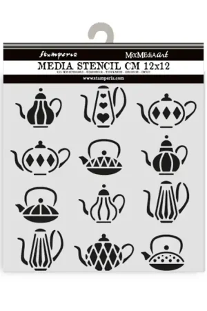 Stamperia Alice in Christmas Tea Pots. Stencil Mix Media Art 12 x 12 cm. Mejor Calidad
